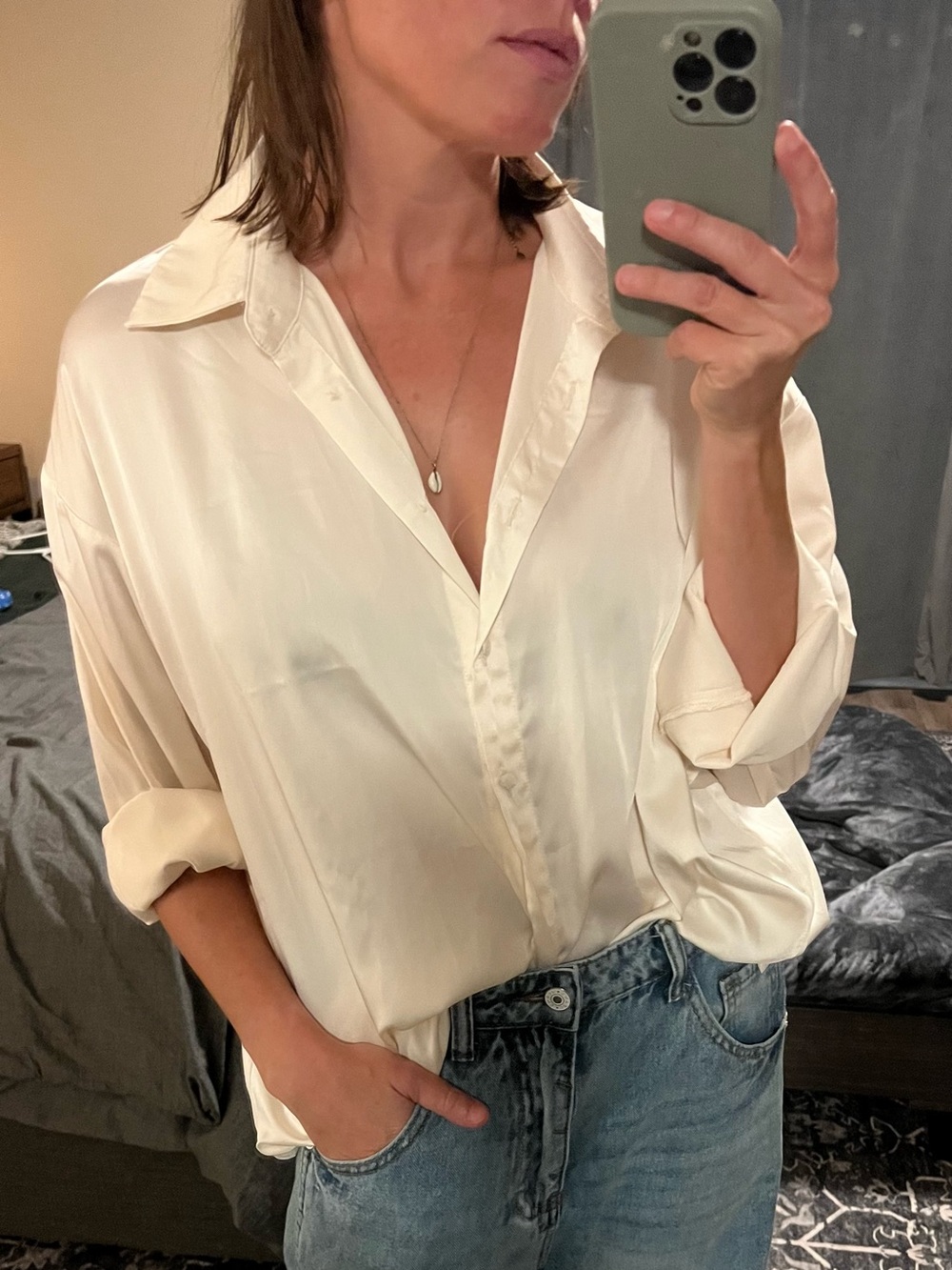 Showpo Cream Button-Down Silk-Look Blouse